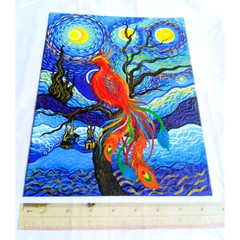 Phoenix Bird Starry Night UV Radiant & Acrylic Painting 8.5×11 Canvas Art NEW