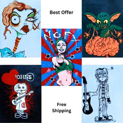 ACEO Original Cards 5 Pcs Gothic Dolls Music Band Rock Set Art Hand Painting NEW