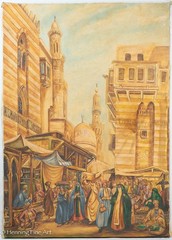 Vintage Oil Painting Market Day Old Cairo Egypt 1862 aft Amadeo Preziosi 38×27″