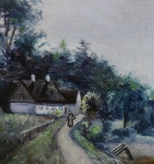MONOGRAM SIGNED! LANDSCAPE WITH WOMAN AT THE COTTAGE.