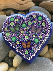 Butterfly Heart Dot Painted Rock in shades of Blue, Purple, Pink, Green, Yellow