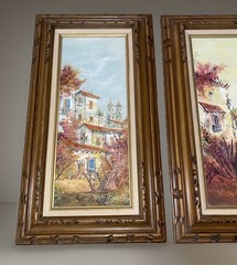 Vintage Spanish Town Mission Oil Painting 27” X 15” Set 2 (Jose) J. Morales
