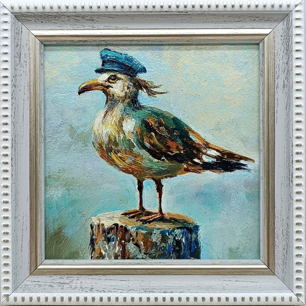 Seagull Captain Original Oil Painting 4×4 Framed Signed Bird Sea Nautical Art