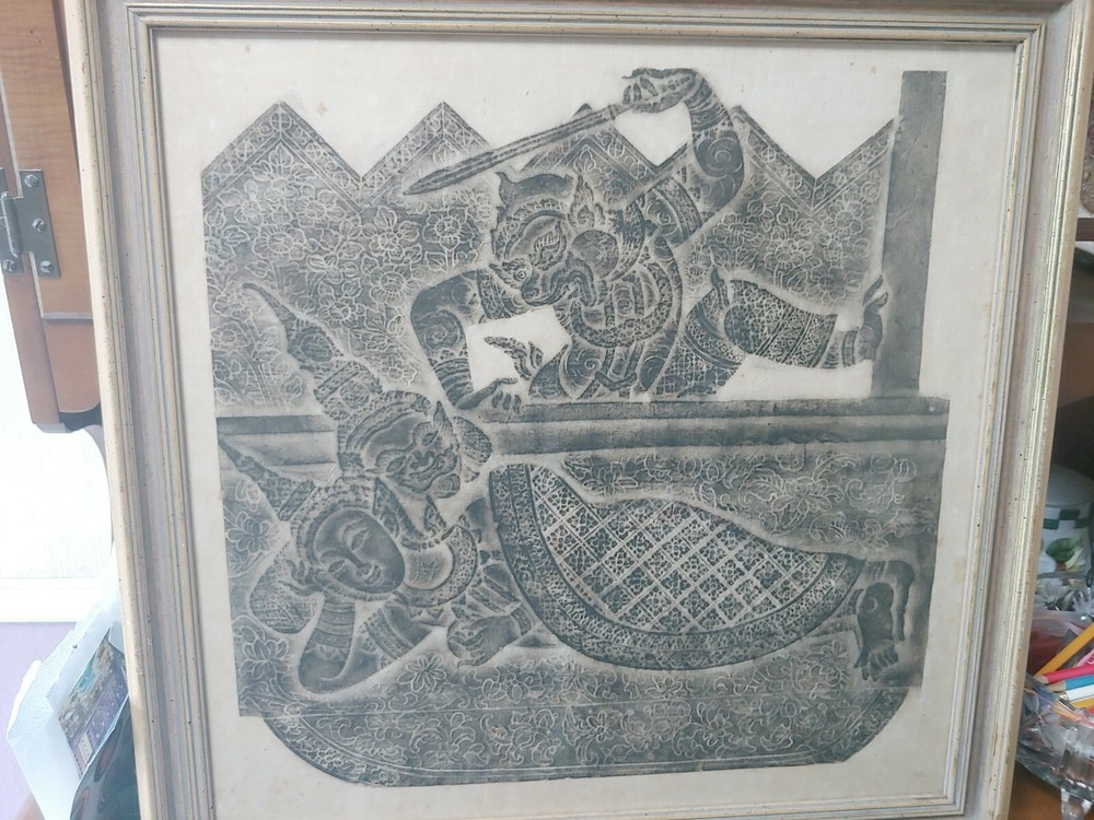 thailand temple rubbings, 1969. approx. 21″ x 21″ framed.