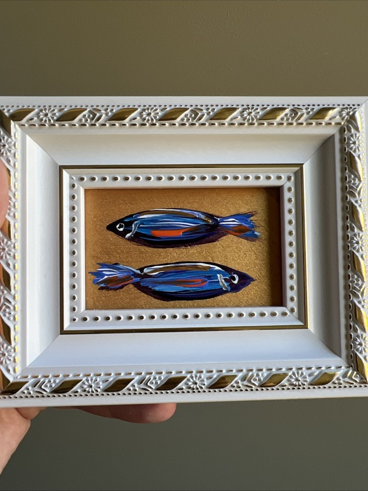 Abstract Sardines Fish, original,miniature Painting,small,mini, Framed,wall Art