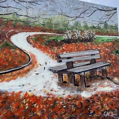 New York City Central Battery Park Bench in Fall Oil Painting OOAK Sign❤️gsc10m6