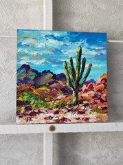 Original oil painting Arizona Cactus Saguaro artwork Landscape wall art 8*8 in