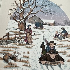 Framed Serigraph on Canvas Signed C. Carson Amish Winter Snow Sledding 16 x 12