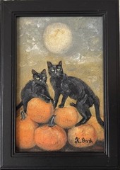ORIGINAL OIL PAINTING BLACK CAT PUMPKIN AUTUMN HALLOWEEN SIGNED FRAMED 4×6