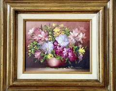 Vintage ORIGINAL 1980s Shades of Pink Floral Daisies SIGNED W Damien FRAMED