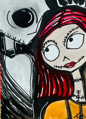 Gothic red hair girl and skull dark ACEO Acrylic Painting Halloween Art OOAK NEW