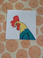 3×3 ORIGINAL PAINTING ROOSTER FOLK ART WHIMSICAL STORYBOOK CUTE CHICKEN GAT