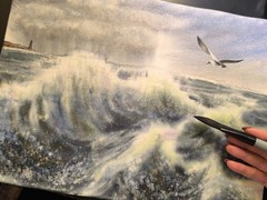 BIRDS CLOUDY SKY SEA WAVES Original Artwork Painting Landscape Gift Seascape A3