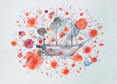 Algas y velero, original watercolor painting on paper, 17 x 23 inches