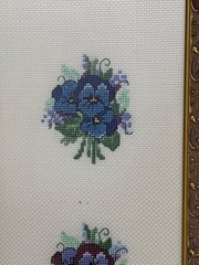 Floral Cross-Stitch Wall Art Gold Ornate Frame Trio of Pansy Flowers 14×6 Framed