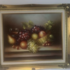 Still Life Oil Painting Ornate Good Frame Fruit Basket Glass Artist Signature
