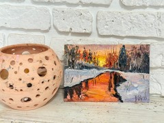Original Oil Painting Winter Landscape Sunset Impressionism Art Signed 5.5×8 in