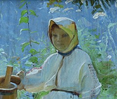 Oil On Wood Signed Richard Canisius Girl With Butter Barrel Framed