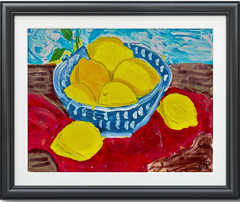 Original Acrylic Yellow Lemons Blue Bowl Painting 11×14 Canvas Board