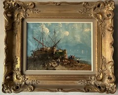 GIANCARLO VITALI ANTIQUE SHIP BOAT LANDSCAPE OIL PAINTING VINTAGE ITALY 1950s
