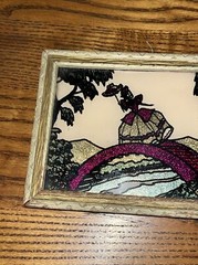 Vintage Woman On Bridge Etched on Glass Painting Metallic Mini 4.5×3.5” Framed