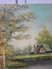 Antique Oil On Canvas Painting Landscape Countryside Cottage Cabin Pond Signed