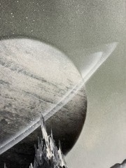 American 21th C,Medina, 2001, Vintage Acrylic Painting, Sci-Fi Space Landscape