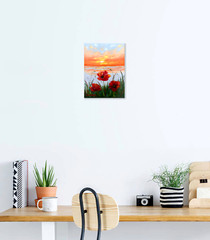 Poppy Field Oil Painting Original Ocean Sunset Wild Flowers Meadow Wall Art