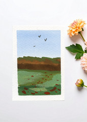 ACEO Art Trading Card Field and Flowers Gouache Painting OOKA Original Painting