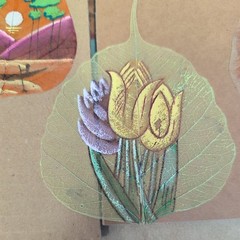 hand-painted landscape scenes and flowers on real Peepal leaves lot of 4 !!!