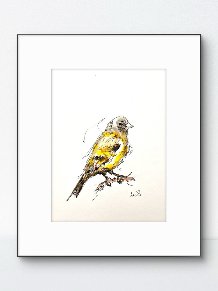 Original Abstract 9×12 Goldfinch Ink Drawing Handmade Bedroom Signed Fine Art 20