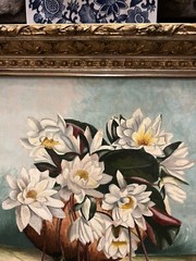 Victorian Aesthetic Water Lily Floral Still Life Oil Painting Gilt Gesso Frame