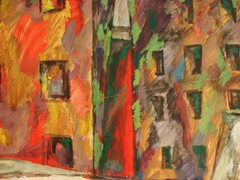 Ukrainian Soviet USSR tempera Painting avant-garde cubism old town house bridge
