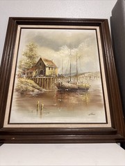 Oil Painting On Canvas/ Framed Signed by Luini Boat At Docks – Free Shipping!