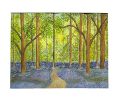 PAINTING WATERCOLOR ART TREES BLUEBELLS WOODS LANDSCAPE 11X14 & WHITE MAT 16X20