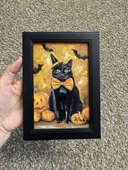 ORIGINAL OIL PAINTING BLACK CAT PUMPKIN AUTUMN HALLOWEEN SIGNED FRAMED 4×6