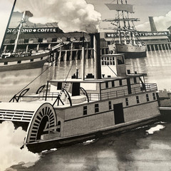 Original Gouache Painting Nautical Historical Harbor Steamship Paddle Wheeler