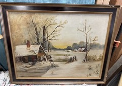 Oil on Board Painting Snow Cabin Landscape 21 1.8” X 27 1/8” Black Gold