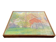 VINTAGE MID CENTURY MODERN ABSTRACT FARM YARD LANDSCAPE OIL PAINTING