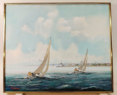 KERRY HALLAM(1937-2020) NANTUCKET OIL ON CANVAS PAINTING – SAILBOATS IN HARBOR