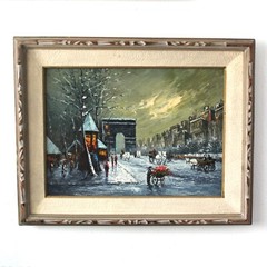 Vintage Oil Painting On Canvas PARIS STREET WINTER EVENING Framed