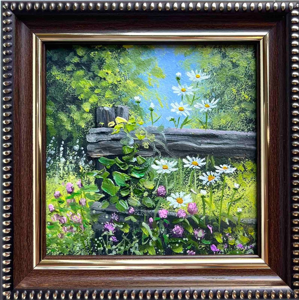 Summer Original Oil Painting Village Landscape Meadow Flowers Wall Art 4 x 4 in