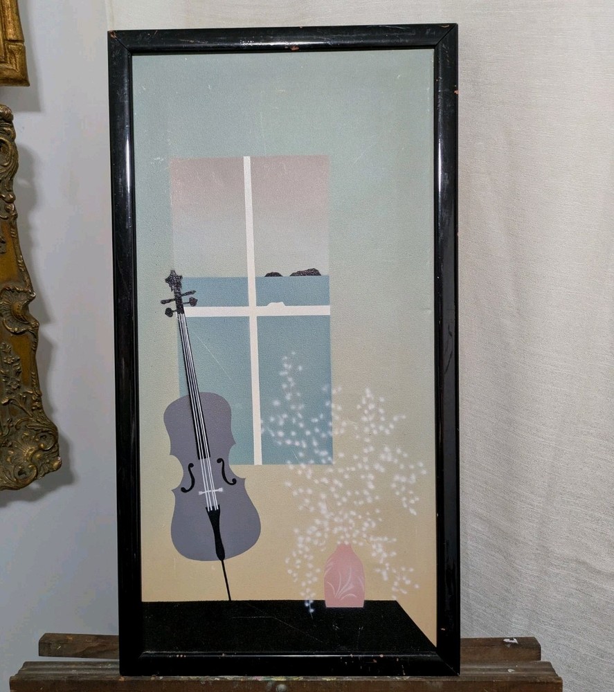 Vintage 14 X 25 Framed 1980’s Cello Musical Instrument Floral Art Canvas.
