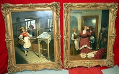 VICTOR GOULARD PAIR PAINTINGS 19 C POSTMAN FLIRTING THE GIRL & DRESS FITTING