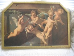 VTG French Baroque Winged Cherubs w/ Flowers Painting/Picture /Wall Art 38 x 26