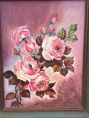 Antique Oil Painting On Board Pink Roses Signed Framed Wall Art Still Life 15X12
