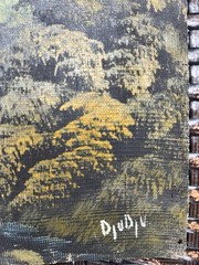 Antique Waterfall Oil Painting On Canvas Burlap Indonesian Rainforest Signed VTG