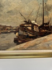 Antique Painting 1910’s Impressionist Coast Beach Industrial Boat Dock Listed