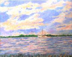 Old Fishing Boat on Water Dramatic Sunset, Original Oil Painting, 16×20 Inches