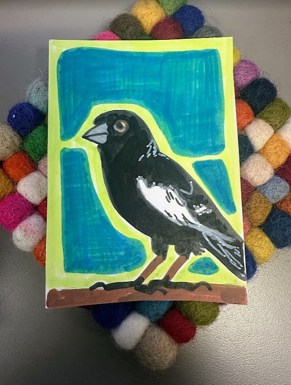 ACEO original art card Colorado State Bird (6/50) green, teal, black, fly, sing